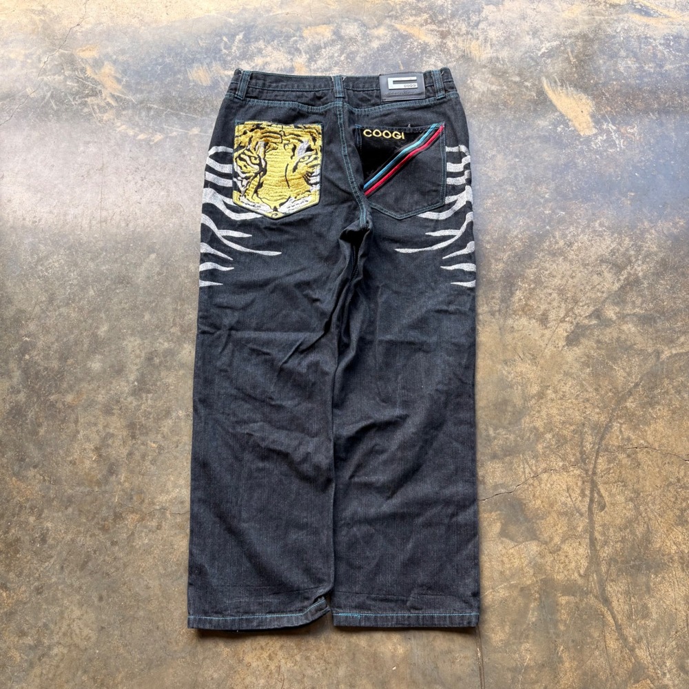 COOGI Mens Tiger Embroidered Baggy Jeans Dark Wash Denim Teal Stitching W38